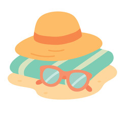Cartoon beach hat, sunglasses and towel in soft flat style, summer vacation illustration.