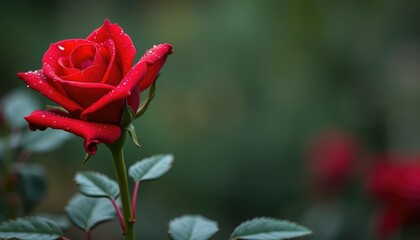 Crimson rose, glistening with dew drops, petals unfurled, wet, garden