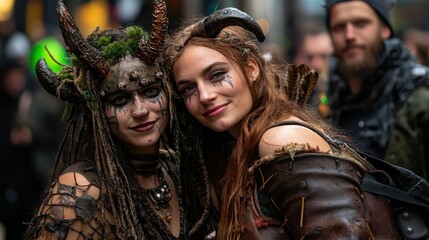 Obraz premium Two women wear fantasy costumes adorned with horns and face paint
