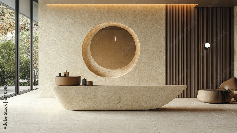 Poster a minimalist round platform in a softly lit studio setting showcasing a tranquil atmosphere and warm