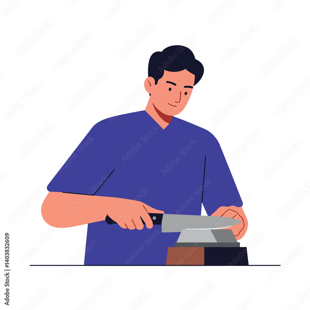 Poster man sharpening a knife with a whetstone in flat vector art