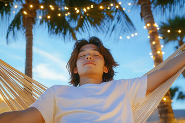 A serene moment of relaxation in a hammock under palm trees, illuminated by soft lights, capturing the essence of tranquility.