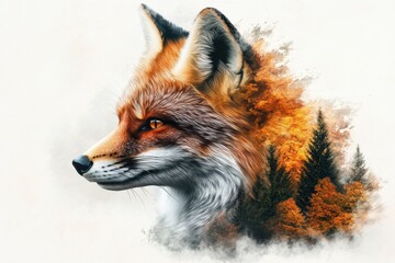 Obraz premium Captivating fox portrait blending seamlessly with vibrant autumn forest showcasing nature's beauty and artistic fusion in a serene ambiance