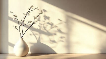 Elegant White Vase With Blossoms Casting Gentle Shadows on a Sunlit Wall During Afternoon Light