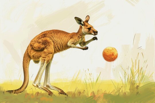 A whimsical illustration of a kangaroo playing with a topaz ball in a grassy field, A whimsical illustration of a kangaroo playing with a bouncing ball