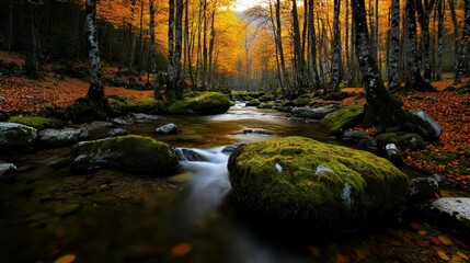 Obraz premium A scenic forested river flows through an autumn landscape setting