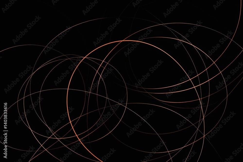 Poster a minimalist design featuring intersecting lines and circles in shades of copper on a black backgrou