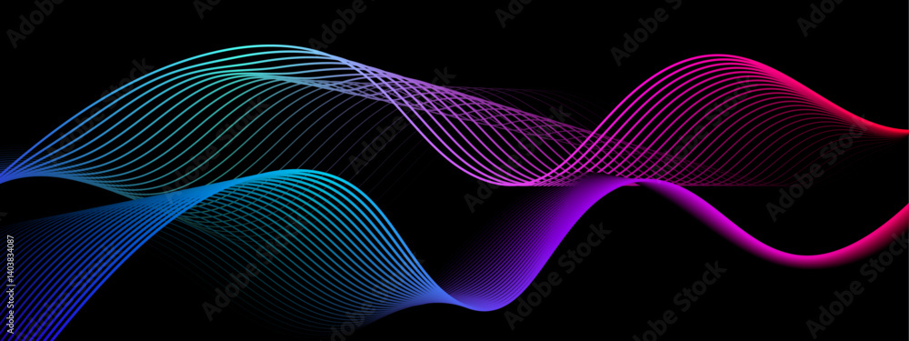 Leinwandbilder Abstract black background with gradient wavy lines pattern. Vector illustration of electro sound cover design template with vibrant geometric shape.