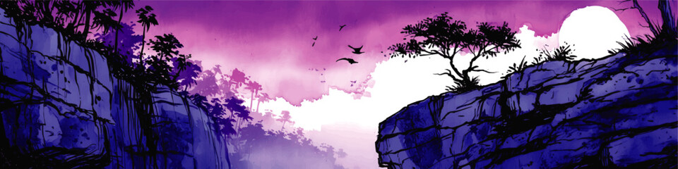 Obraz premium Stunning Vector Illustration of Majestic Purple Sunset Mountain Landscape with Silhouetted Cliff Sides, Lush Trees, Flying Birds, Serene Sky and Rising Bright Full Moon