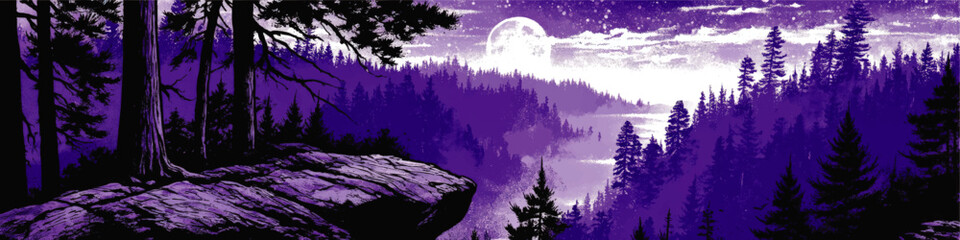 Enchanting Purple Moonlit Forest Vector Illustration Featuring Majestic Trees Starry Sky Misty Hills Rocky Landscape Serene Tranquility Nature Scene Nighttime View