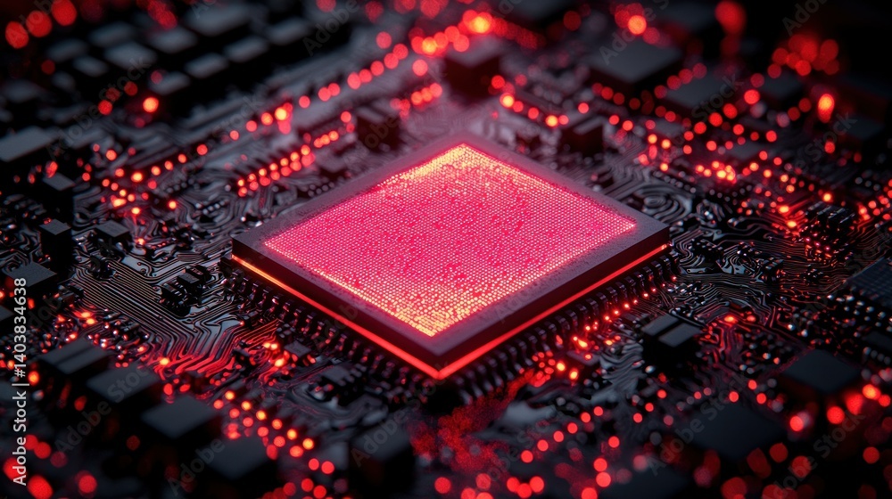 Poster glowing red microchip on circuit board