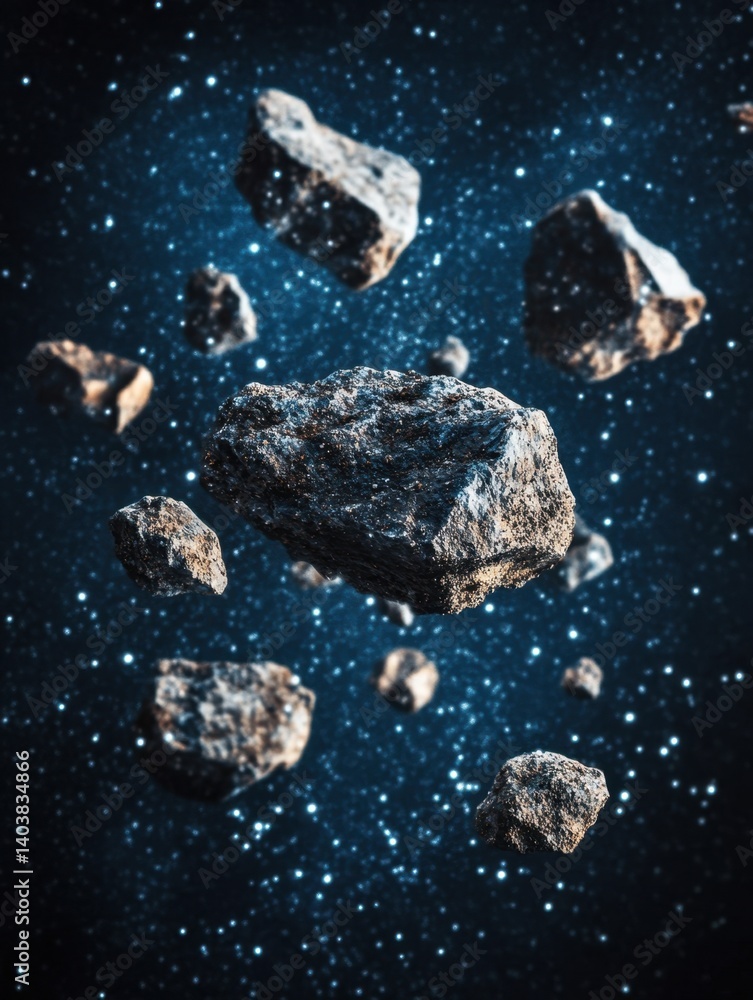Poster dramatic asteroids floating in deep space against a backdrop of twinkling stars and cosmic dust crea