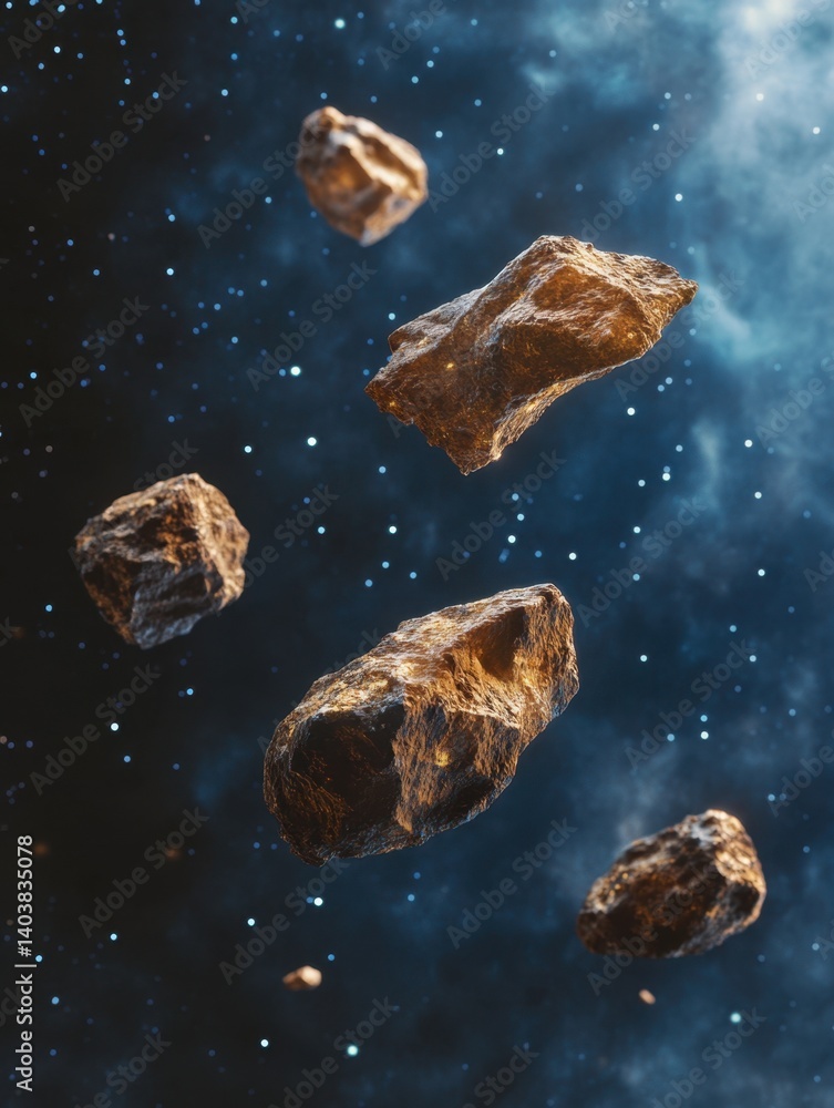 Poster floating asteroids in deep space with starry background cosmic scene showcasing celestial bodies and