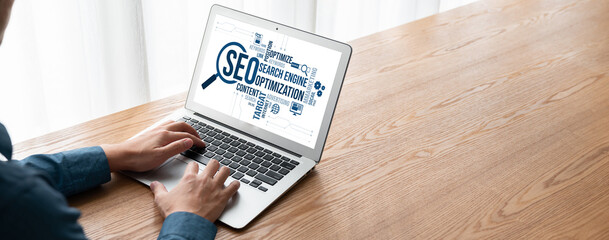 SEO search engine optimization for modish e-commerce and online retail business showing on computer...