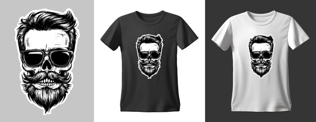Bearded  barber skull with trendy hairstyle and mustache, in sunglasses, typography design. Ready to print on t shirts, mug and all of print items. Vector vintage illustration. T-Shirt design template