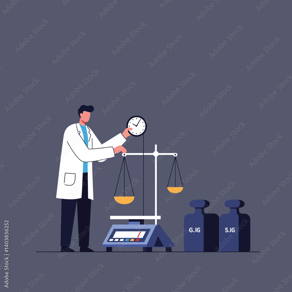 Poster scientist weighing substances using balance scale in flat vector illustration