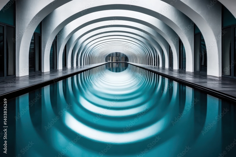 Poster serene aqua pool reflecting architectural arches creating a mesmerizing tunnel of light and shadow m