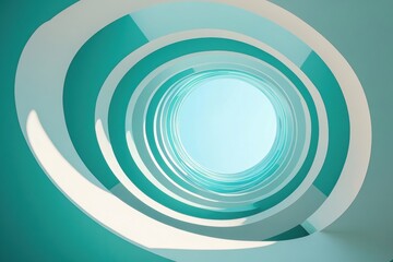 Obraz premium Abstract architectural spiral with turquoise and white rings creating a captivating perspective of modern design and geometric harmony against a light blue sky