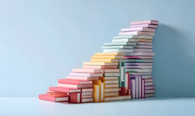 A staircase made of books in various pastel colors against a light blue background in a studio shot