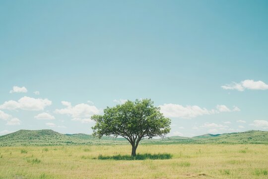Serene landscape featuring a solitary green tree standing in a vast field under a clear sky evoking tranquility and natural beauty