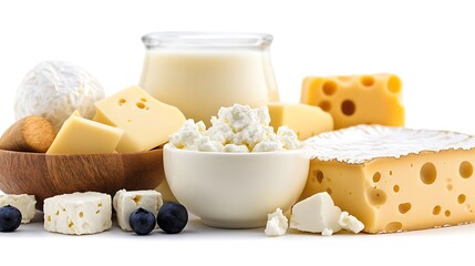 Assorted Dairy Products Cheeses, Milk, Cottage Cheese, Blueberries on White Tabletop