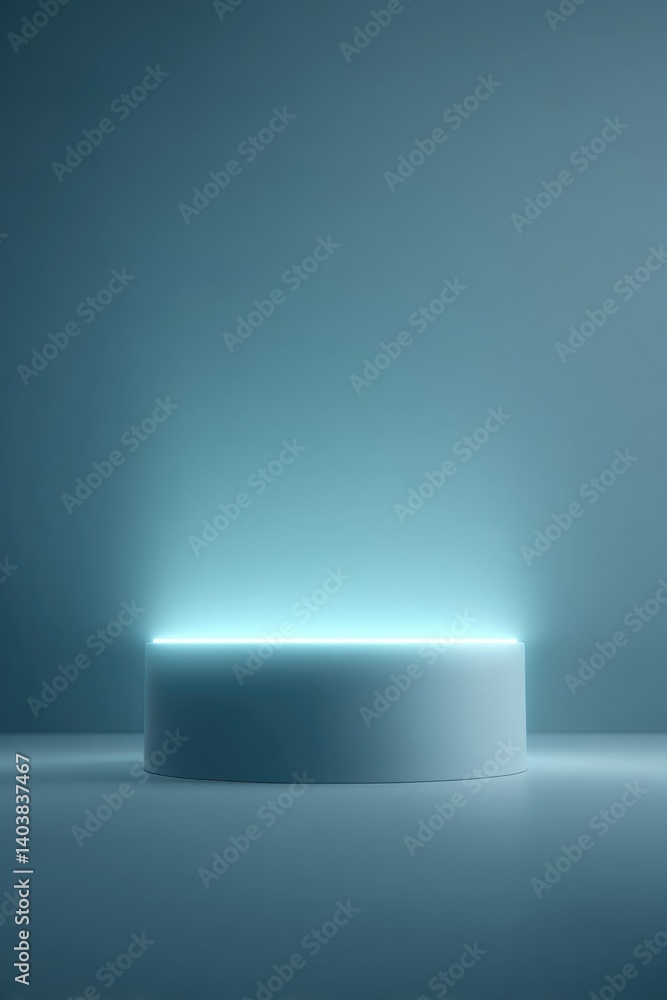 Poster empty podium illuminated with volumetric light minimalist and refined surrounded by ample copy space