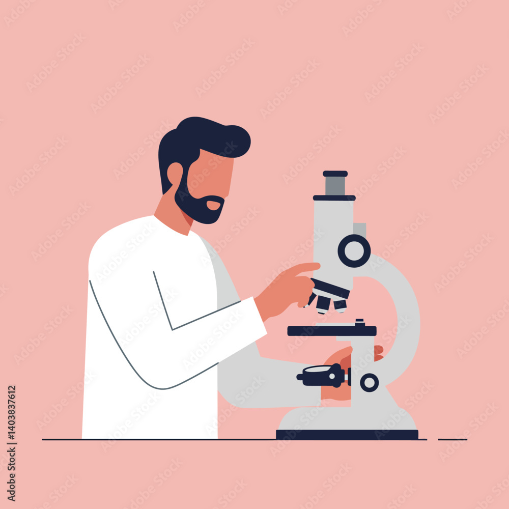 Poster scientist examining specimen with microscope in flat vector art style