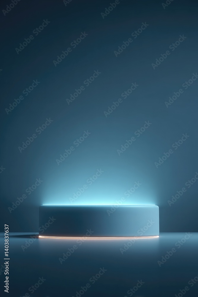 Poster empty podium illuminated with volumetric light minimalist and refined surrounded by ample copy space