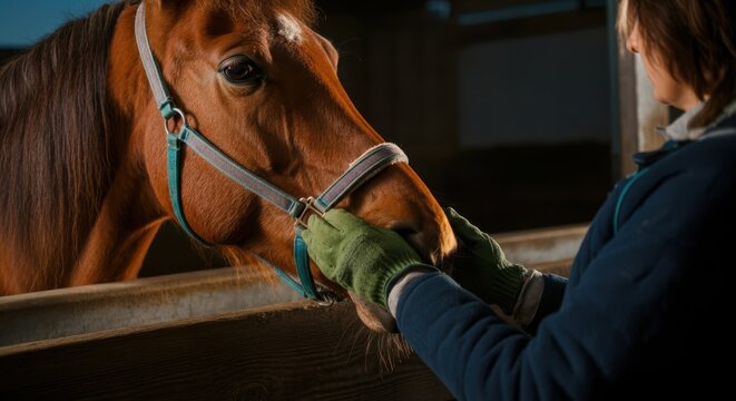 Caucasian female adult caring for brown horse with halter in stable
