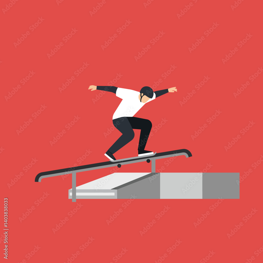 Aufkleber skateboarder performing tricks on a rail in minimal vector art
