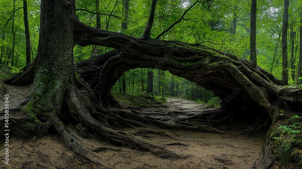 Poster a large tree root archway over a wooded forest path