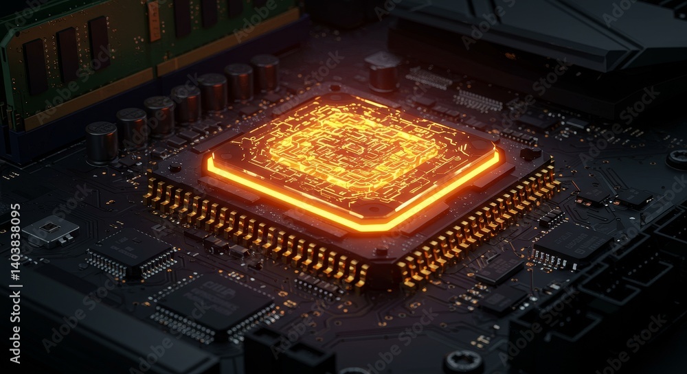 Poster illuminated central processing unit - close-up of a glowing cpu on a motherboard, showcasing intrica