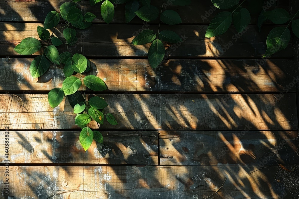 Poster sunlight filters through leaves, casting intricate patterns of light and shadow on a weathered woode