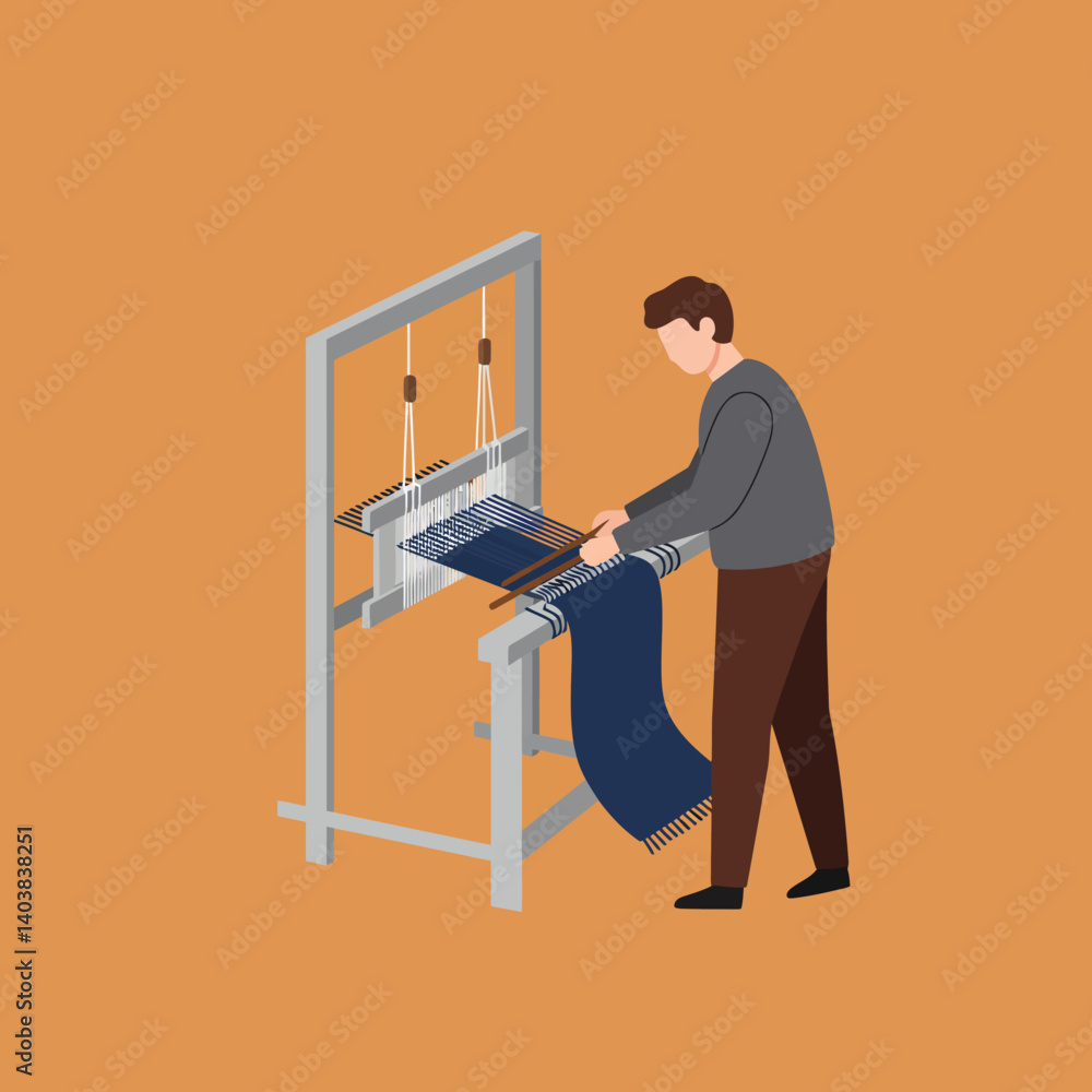 Poster crafting textiles with a loom in flat vector art style showcasing weaving process and details