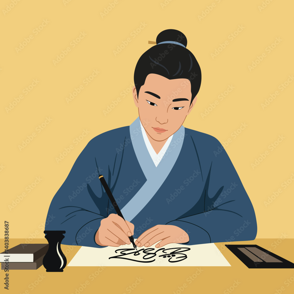 Poster skilled artist creating elegant calligraphy in minimal flat design vector art
