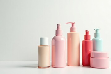 White backdrop showcasing various cosmetic bottles, lipstick, powder