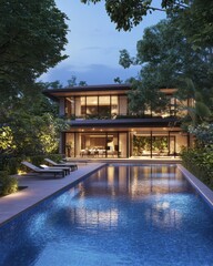 Tranquil Evening at Modern Villa with Sparkling Pool and Lush Garden Serene Luxury Home Exterior at Dusk with Reflective Water and Ambient Lighting