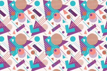 Abstract pattern combination of circles, triangles, and rectangles in a variety trendy of colors, creating a dynamic and playful geometric design. Fo textile, fashion, postcards