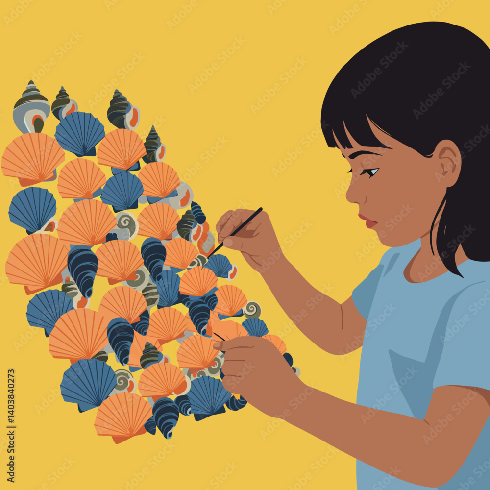 Poster child creating colorful shell patterns in flat vector illustration art