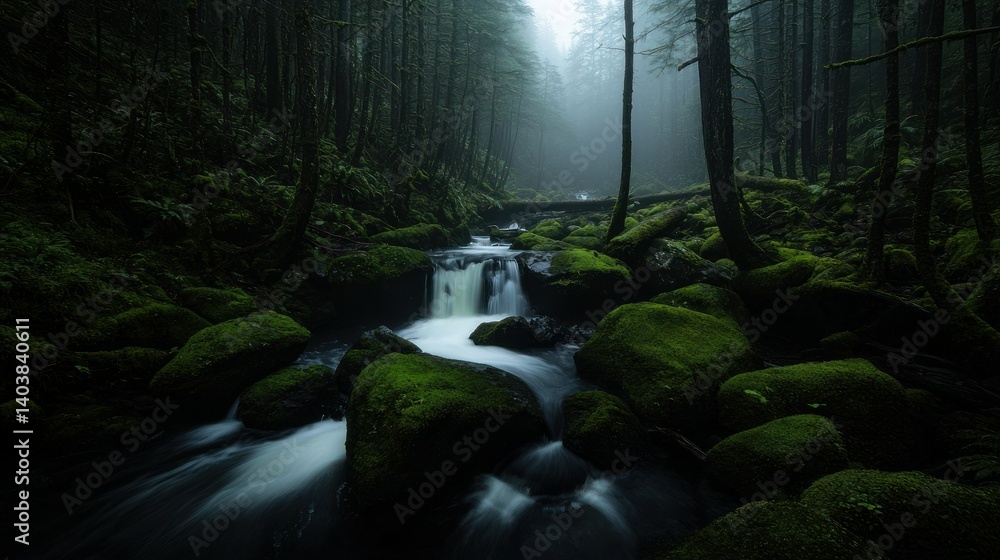 Poster a forest stream cascades over rocks surrounded by trees and fog