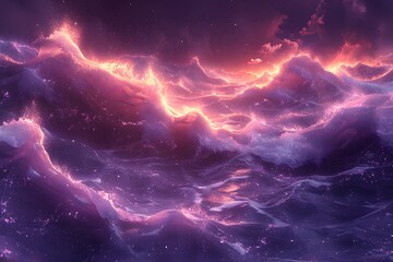 Glowing Ocean Waves at Night with Pink and Purple Illumination