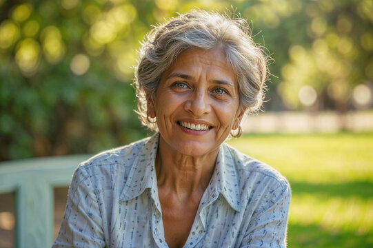 Portrait of happy smiling elderly Indian woman on blurred green background of park cafe in sun rays