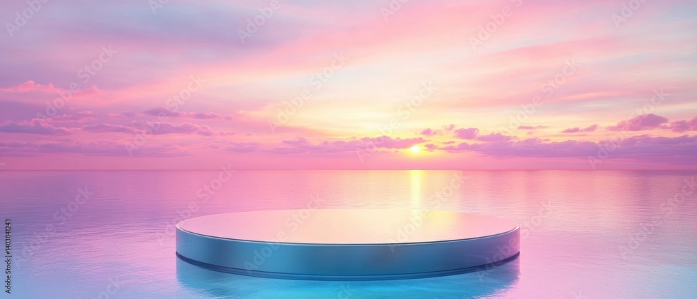 Poster serene sunset reflection on water with circular platform for product display and presentation in pas