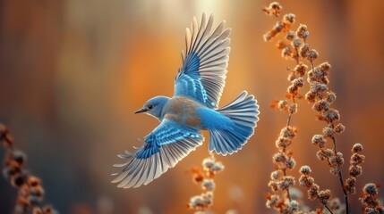 Obraz premium Blue bird soars, wings spread wide. Warm orange sunlight, nature scene