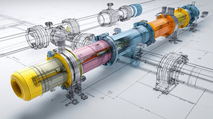 Technical Drawing of Industrial Water Pipes with Color-Coded Flow and Pressure Zones. Blueprint-Style Diagram Showing Pipe Mechanics, Water Flow, and Valve Interiors