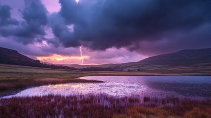 Obraz premium Stunning sunset over calm lake with dark storm clouds and a lightning bolt striking the hills in the distance.
