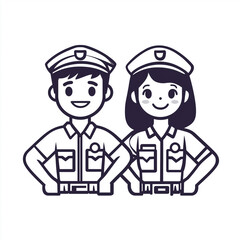 Illustrated pair of smiling officers in uniform. Line drawing of male and female figures in safety roles, exuding community service.