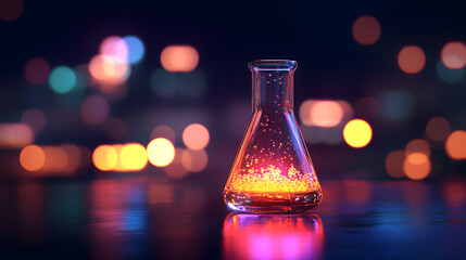 Beaker with Glowing Liquid: A lone Erlenmeyer flask stands on a reflective surface against a backdrop of vibrant, out-of-focus bokeh lights, the liquid inside is shimmering, glowing and mysterious.
