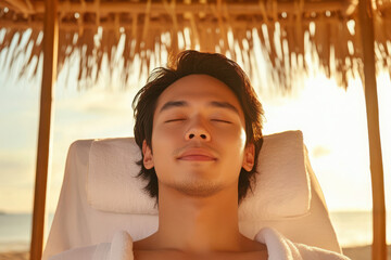 A young man relaxes under a straw hut, enjoying the warm sunset at the beach, embodying peace and tranquility.