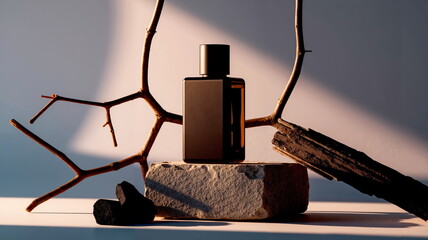 Minimalist perfume bottle for men with wooden branches and charcoal, neutral stone base, soft natural lighting, luxurious presentation of the fragrance.
